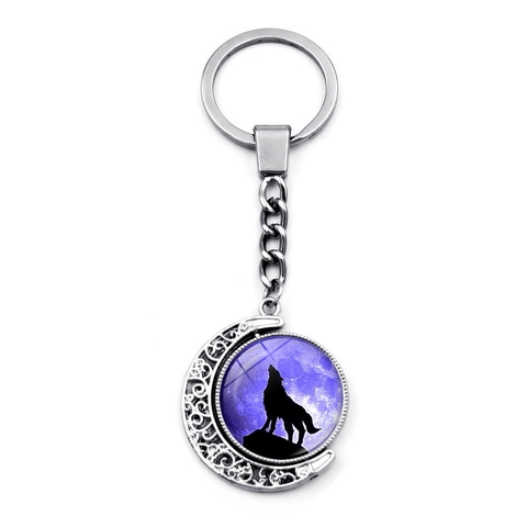 Howling Wolf Moon Keychain Rotating Zinc Alloy Glass Time Gem Moon Crescent Pendant Creative Key Ring For Men Women Gift
