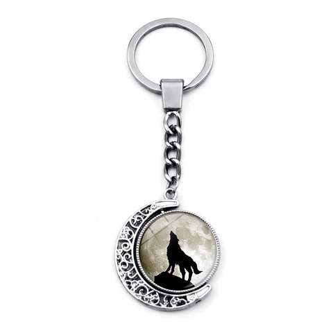 Howling Wolf Moon Keychain Rotating Zinc Alloy Glass Time Gem Moon Crescent Pendant Creative Key Ring For Men Women Gift