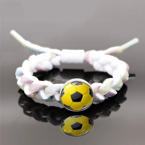 Soccer Hand-woven Bracelet Men Women Sporty Glitter Fiber Cord With Round Glass Cabochon Football Pattern Pendant Adjustable Jewelry