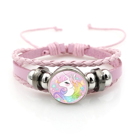 Cartoon Unicorn Pink Multi-layer Braided Faux Leather Bracelet Adjustable Alloy Glass Cabochon Hand-woven Jewelry