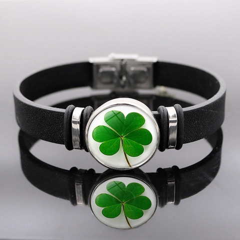 Vintage Lucky Four Leaf Shamrock Faux Leather Bracelet Stainless Steel Glass Cabochon St. Patricks Day Unisex Jewelry Gift