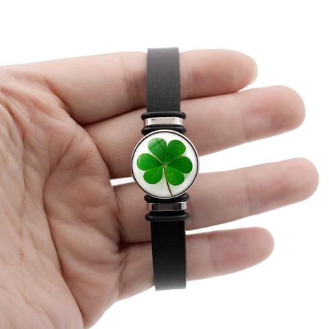 Vintage Lucky Four Leaf Shamrock Faux Leather Bracelet Stainless Steel Glass Cabochon St. Patricks Day Unisex Jewelry Gift