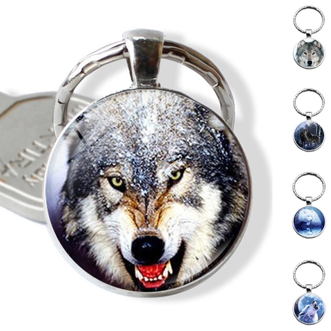 Howling Wolf Head Time Gem Keychain Glass Cabochon Alloy Key Ring For Bag Hanging Ornament Men Women Jewelry Accessories