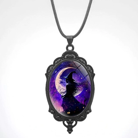 Vintage Halloween Hexe Mond Silhouette Anhänger Halskette Legierung Glas Zeit Edelstein Gotischer Schmuck Damen Schwarz Wachsseil