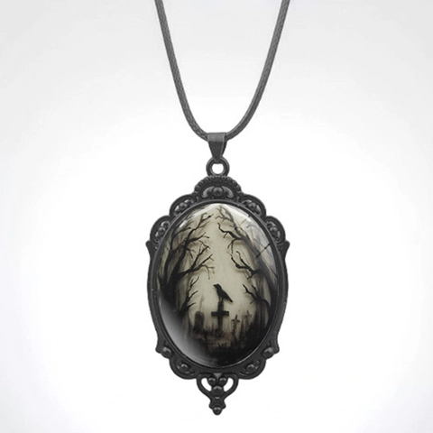 Collana con Pendente Ovale Corvo Gotico Lega Cabochon in Vetro Estetica Scura Accessori Halloween Vintage Donna Uomo