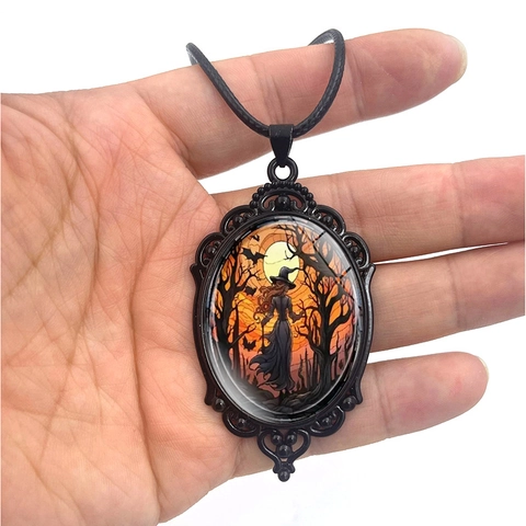 Gothic Halloween Alloy Pendant Necklace For Unisex Retro Witch Bat Pumpkin Glass Cabochon Time Gemstone Jewelry Party Gift