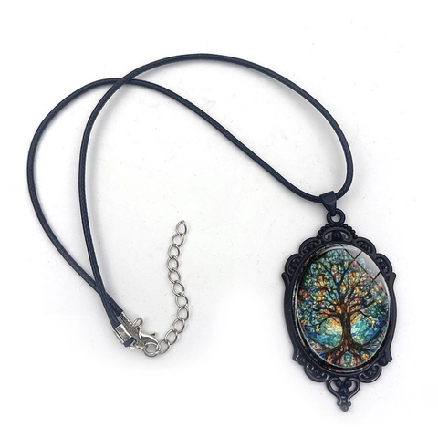 Vintage Lebensbaum Ovaler Anhänger Halskette Legierung Glas Buntglas Stil Böhmischer Schmuck Für Damen