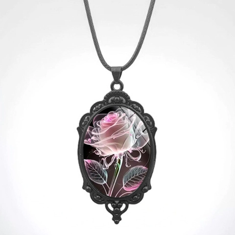 Collana con Pendente Ovale in Lega di Vetro Rosa Rosa Vintage Cordino Nero Stile Gotico Gioielli Moda Donna