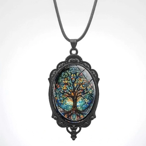 Vintage Lebensbaum Ovaler Anhänger Halskette Legierung Glas Buntglas Stil Böhmischer Schmuck Für Damen