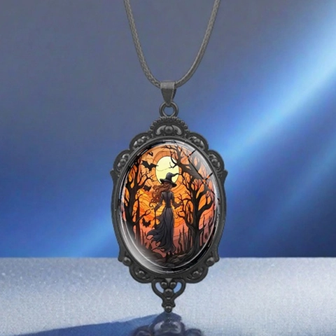 Gothic Halloween Alloy Pendant Necklace For Unisex Retro Witch Bat Pumpkin Glass Cabochon Time Gemstone Jewelry Party Gift