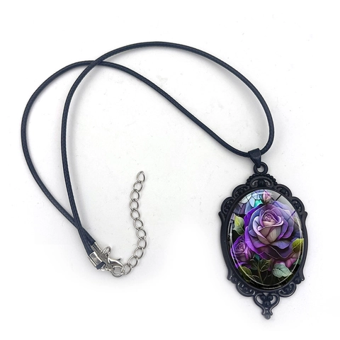 Collana con Ciondolo Ovale con Motivo a Rosa Viola in Lega Vintage Collana con Catena in Corda Nera in Stile Gotico per Donna Gioielli di Moda