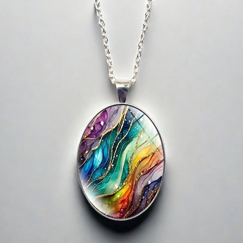 Collier Pendentif Ovale Artistique Motif Ondulé Multicolore De Rêve Alliage Verre Cabochon Chaîne Pull Pour Femme Bijoux De Mode