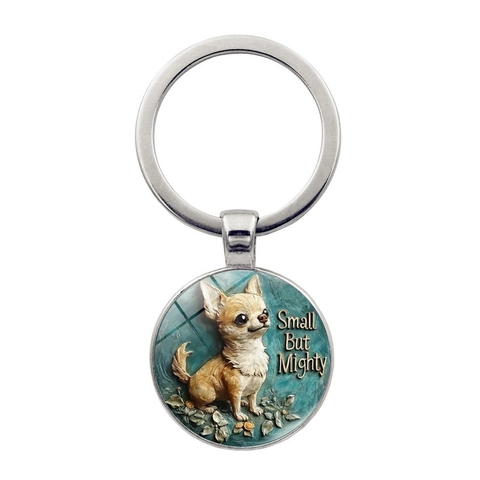 Simpatico Portachiavi Cane Chihuahua Ciondolo Rotondo in Metallo Con Scritta Small But Mighty Bronzo Antico Argento