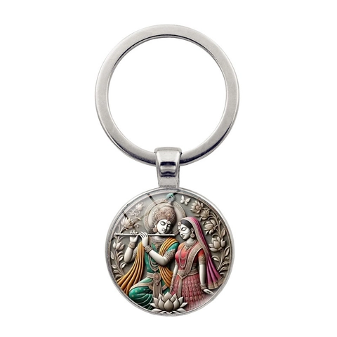 Βίντατζ Μπρελόκ από Κράμα Ψευδαργύρου Radha Krishna Στρογγυλό Γυάλινο Ένθετο Μεταλλικό Δαχτυλίδι Ινδική Μυθολογία Θρησκευτικό Δώρο