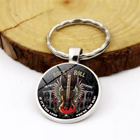 Punk Rock Musik Gitarre Flügel Rund Glas Anhänger Schlüsselanhänger Silber Legierung Schlüsselring Rock Roll Geschenk Für Damen Herren Schmuck