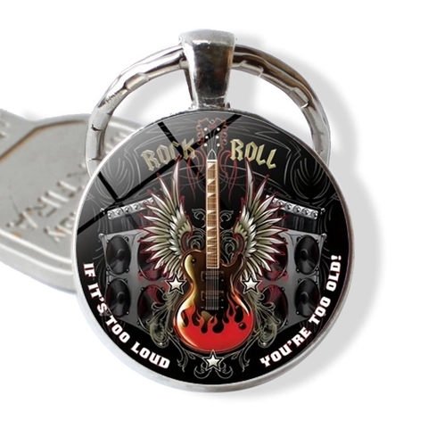 Punk Rock Musik Gitarre Flügel Rund Glas Anhänger Schlüsselanhänger Silber Legierung Schlüsselring Rock Roll Geschenk Für Damen Herren Schmuck