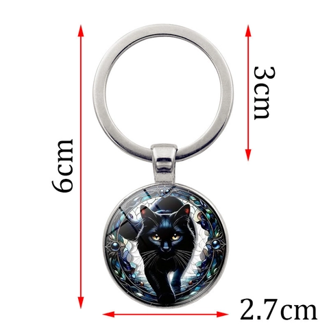 Misterioso Gatto Nero Rotondo in Vetro Cabochon Lega Portachiavi per Donna Borsa Ciondolo Accessorio Bronzo Antico Argento