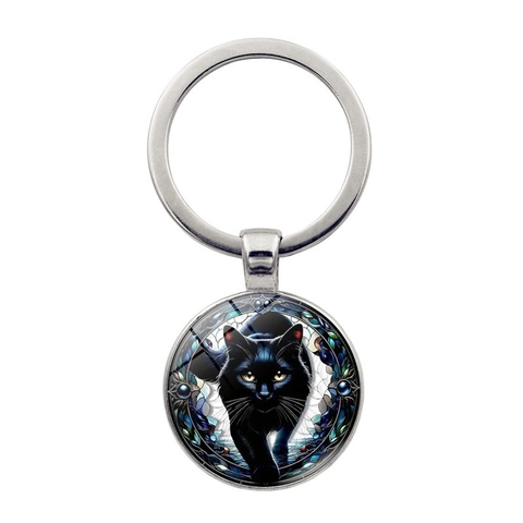 Misterioso Gatto Nero Rotondo in Vetro Cabochon Lega Portachiavi per Donna Borsa Ciondolo Accessorio Bronzo Antico Argento