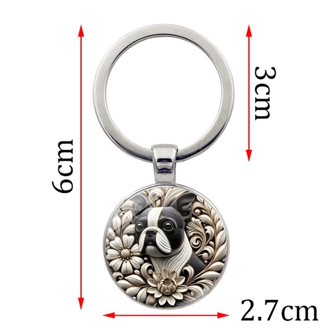 Vintage Boston Terrier Dog Keychain Alloy Glass Floral Pattern Pendant Retro Round Key Ring For Pet Lovers Gift Accessory