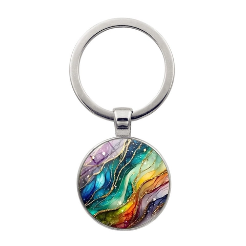 Abstract Oil Painting Pattern Keychain Zinc Alloy Metal Key Ring Artistic Vintage Round Glass Cabochon Pendant Hanging Ornament Accessory Gift
