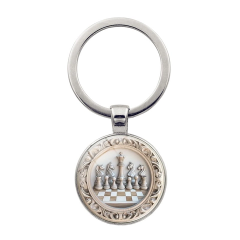 Vintage Schach Muster Zinklegierung Schlüsselanhänger Mit Rundem Glasanhänger Retro König Ritter Schachfiguren Schlüsselring Dekorativ