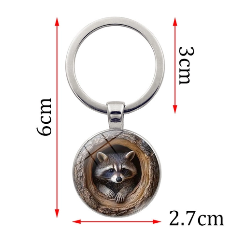 Portachiavi in Metallo Vintage Procione Buco dell'Albero Ciondolo Animale Cabochon Vetro Tondo Regalo Creativo Accessorio Borsa