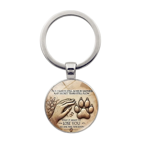 Pet Memorial Keychain Round Zinc Alloy Glass Pendant Human Hand Paw Print Sympathy Gift For Pet Loss Remembrance Keyring