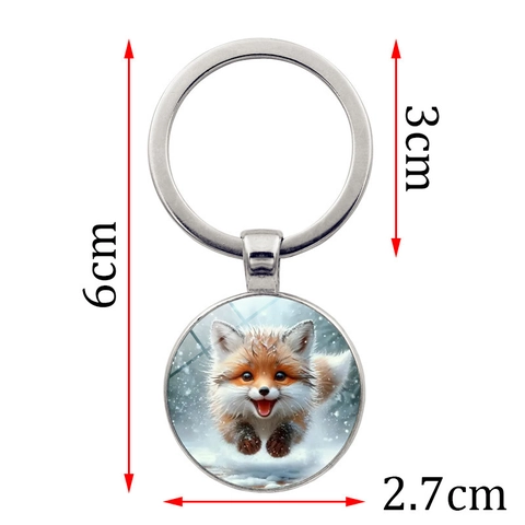 Cute Snow Fox Animal Pattern Metal Keychain Round Glass Cabochon Pendant Key Ring Antique Bronze Silver Color Bag Decor