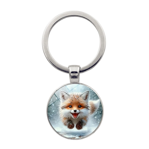 Cute Snow Fox Animal Pattern Metal Keychain Round Glass Cabochon Pendant Key Ring Antique Bronze Silver Color Bag Decor