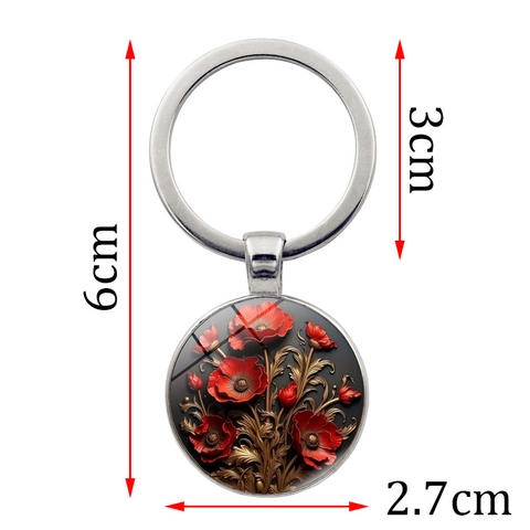 Vintage Metal Red Poppy Flower Pattern Keychain Round Glass Cabochon Alloy Keyring Pendant For Bag Car Key Decoration Unisex Gift