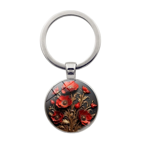 Vintage Metal Red Poppy Flower Pattern Keychain Round Glass Cabochon Alloy Keyring Pendant For Bag Car Key Decoration Unisex Gift