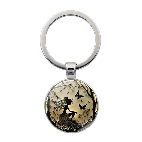 Portachiavi in Metallo a Tema Fata e Farfalla Ciondolo Tondo in Vetro Portachiavi Retrò Creativo Regalo Accessori Gioielli