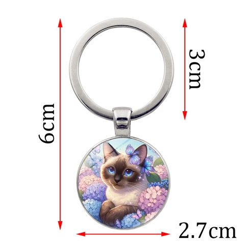 Portachiavi Artistico in Lega e Vetro con Pendente Rotondo Gatto Siamese e Farfalla per Donna Amanti dei Gatti Bronzo Antico Argento