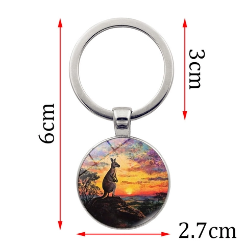 Sonnenuntergang Känguru Muster Metall Schlüsselanhänger Runder Glasanhänger Tiersilhouette Schlüsselring Künstlerisches Reiseandenken Geschenk