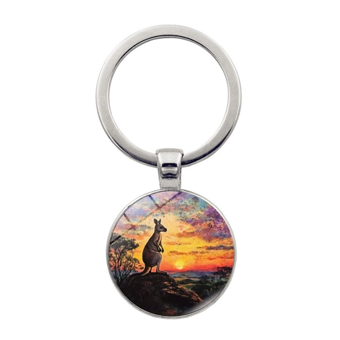 Sonnenuntergang Känguru Muster Metall Schlüsselanhänger Runder Glasanhänger Tiersilhouette Schlüsselring Künstlerisches Reiseandenken Geschenk