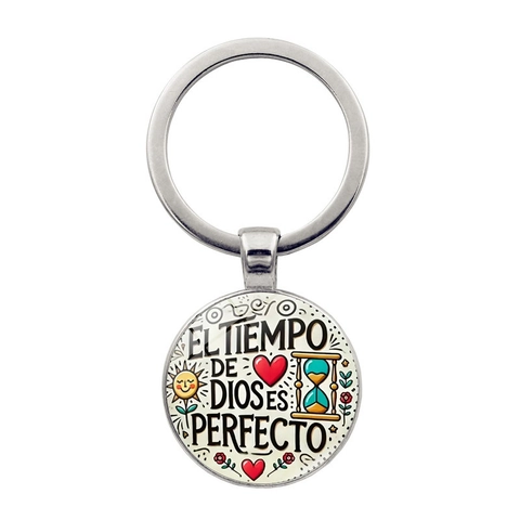 Portachiavi in Metallo Citazione Spagnola El Tiempo De Dios Es Perfecto Lega di Zinco Vetro Pendente Tondo Regalo Religioso
