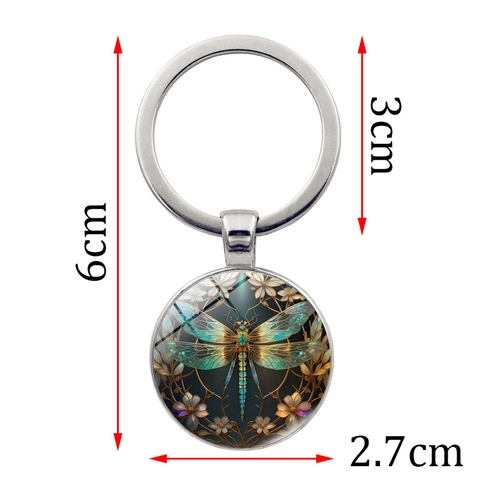 Vintage Libelle Blume Künstlerisches Glas Cabochon Schlüsselanhänger Retro Metalllegierung Runde Anhänger Schlüsselring Geschenk