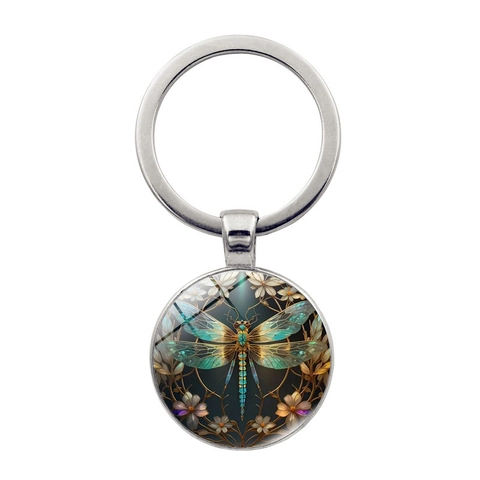 Vintage Libelle Blume Künstlerisches Glas Cabochon Schlüsselanhänger Retro Metalllegierung Runde Anhänger Schlüsselring Geschenk