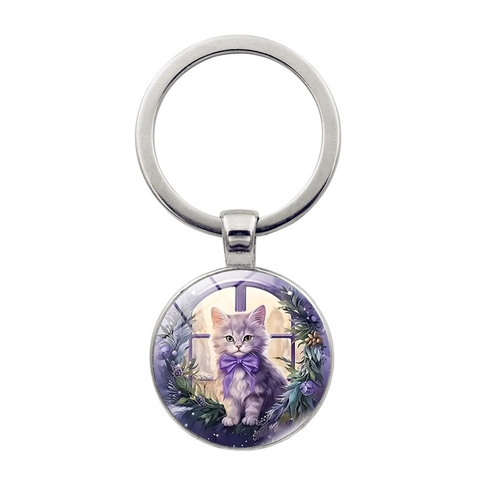 Schattige Paarse Kat Sleutelhanger Zinklegering Glas Tijd Edelstein Hanger Vintage Bloemen Kitten Illustratie Tas Hanger Cadeau