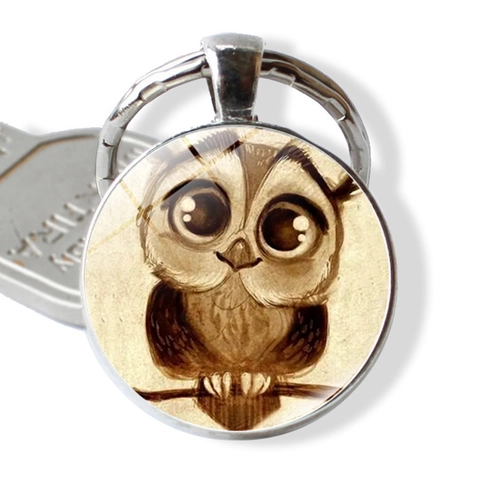 Llavero de Búho de Vidrio Cabochon Dibujos Animados Mujeres Aleación de Zinc Colgante Redondo Anillo Animal Joyería Bolso
