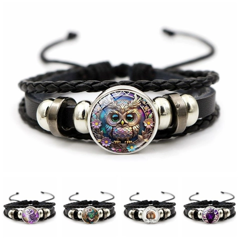 Vintage Multilayer Leather Bracelet For Men Women Hand Woven Owl Glass Cabochon Charm Retro Ethnic Braided Wristband Jewelry