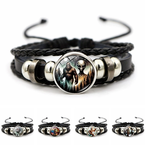 Retro Bigfoot Sasquatch Alien Multi-layer Braided Synthetic Leather Bracelet Vintage Alloy Glass Cabochon Bracelet For Men Unisex
