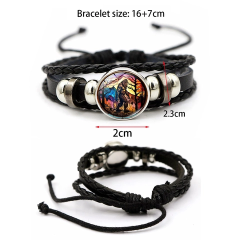 Retro Bigfoot Sasquatch Alien Multi-layer Braided Synthetic Leather Bracelet Vintage Alloy Glass Cabochon Bracelet For Men Unisex