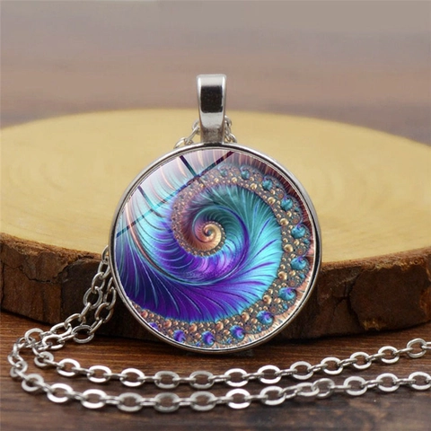 Fibonacci Spiral Time Gem Pendant Necklace Vintage Alloy Glass Dome Art Necklace Geometric Jewelry For Women Sweater Chain