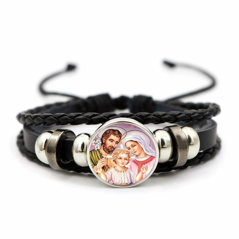 Vintage Religieuze Heilige Familie Meerlaagse Leren Gevlochten Armband Voor Unisex Legering Glas Cabochon Hand Sieraden Cadeau