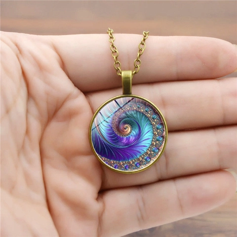 Fibonacci Spiral Time Gem Pendant Necklace Vintage Alloy Glass Dome Art Necklace Geometric Jewelry For Women Sweater Chain
