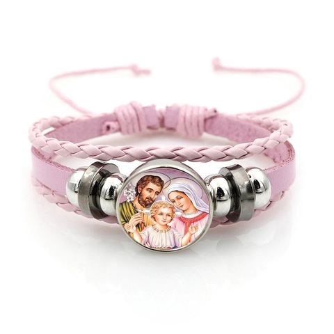 Vintage Religieuze Heilige Familie Meerlaagse Leren Gevlochten Armband Voor Unisex Legering Glas Cabochon Hand Sieraden Cadeau