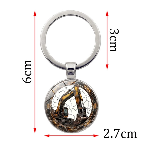 Excavator Pattern Keychain Zinc Alloy Glass Cabochon Key Ring Industrial Style Bag Hanging Ornament Gift For Men Kids
