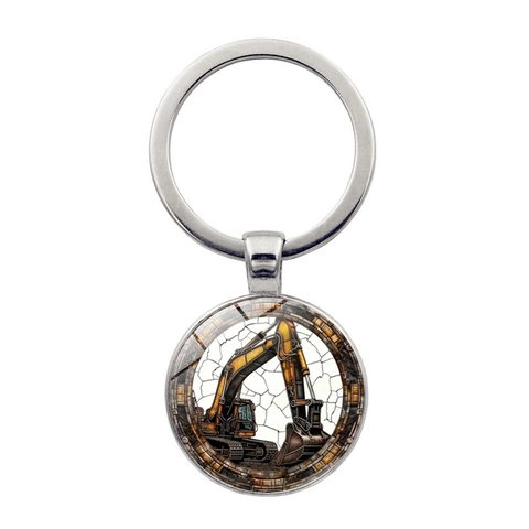 Excavator Pattern Keychain Zinc Alloy Glass Cabochon Key Ring Industrial Style Bag Hanging Ornament Gift For Men Kids