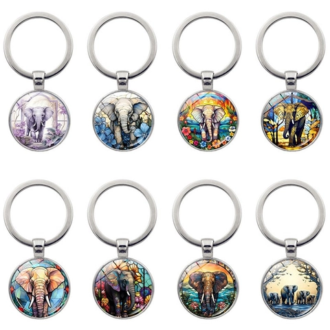 Metal Elephant Keychain Artistic Round Glass Time Gem Pendant Bohemian Style Animal Keyring For Bag Charm Daily Gift